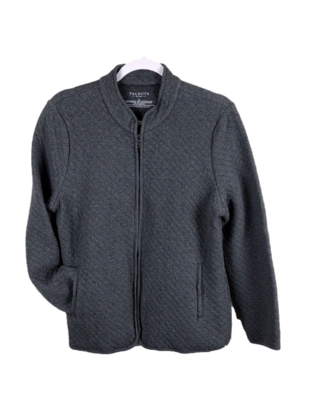 TALBOT'S Petite Grey Waffle Knit Collarless Long Sleeve Zipper Front Cardigan